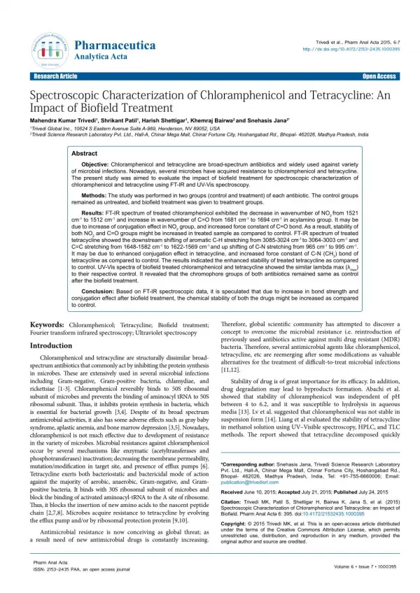 Biofield Treatment Effect on Chloramphenicol & Tetracycline