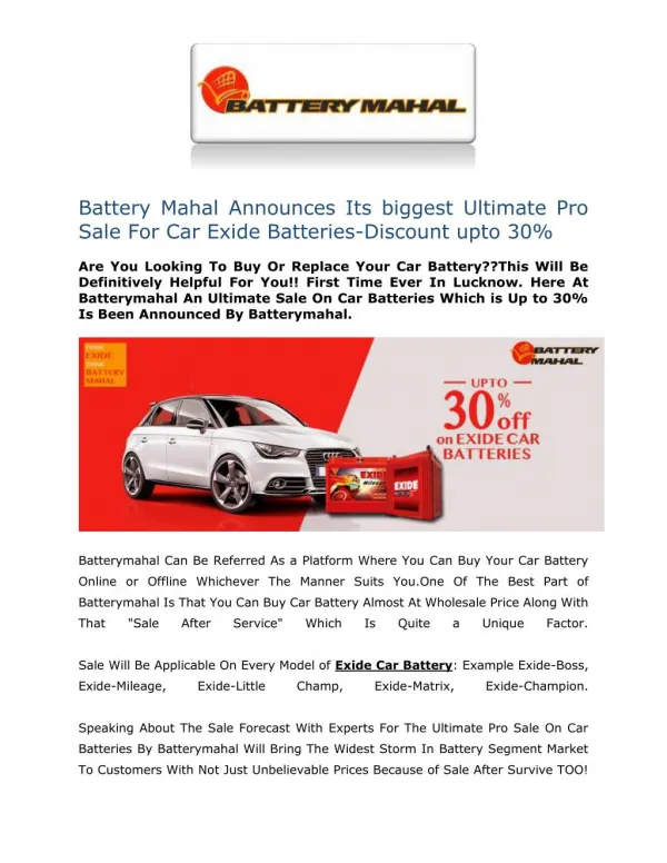 Battery Mahal Announces Its biggest Ultimate Pro Sale For Car Exide Batteries-Discount upto 30%