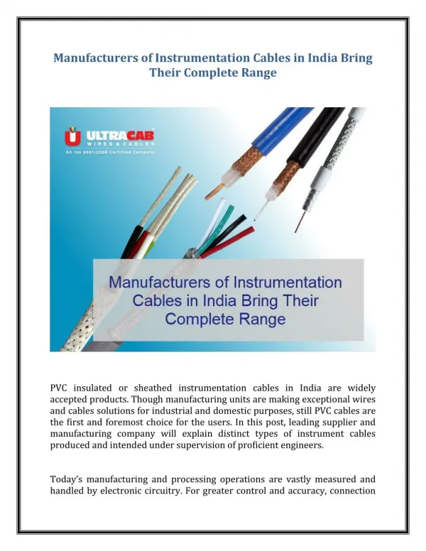 Manufacturers of Instrumentation Cables in India Bring Their Complete Range