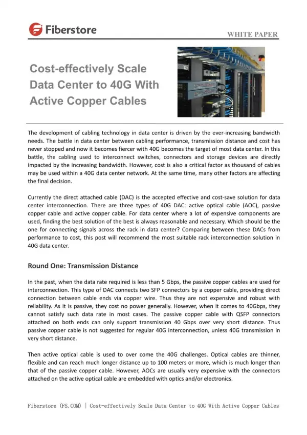 Cost-effectively Scale Data Center to 40G With Active Copper Cables