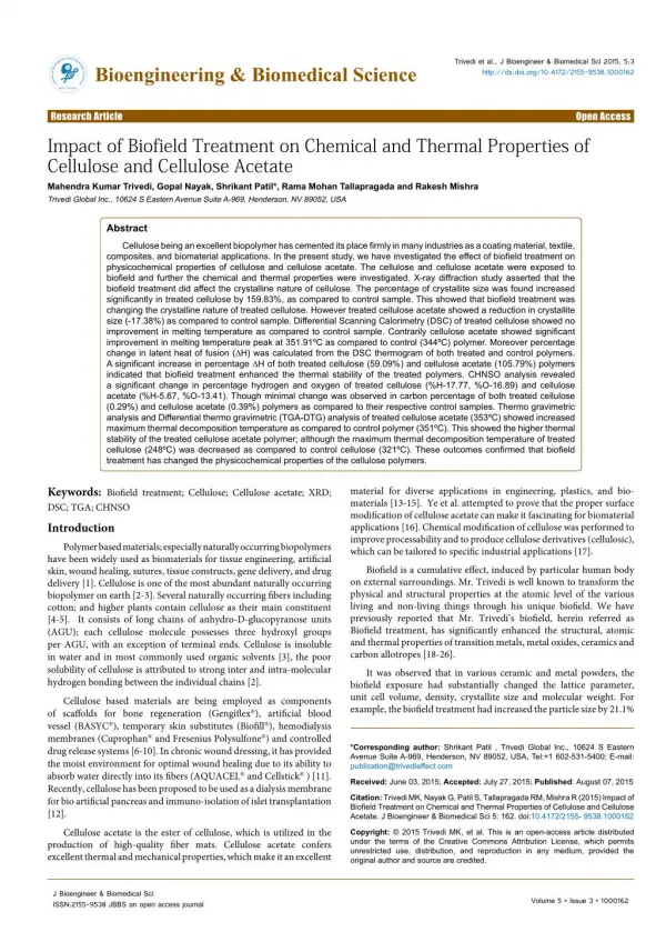 Biofield Treatment Impact on Cellulose and Cellulose Acetate