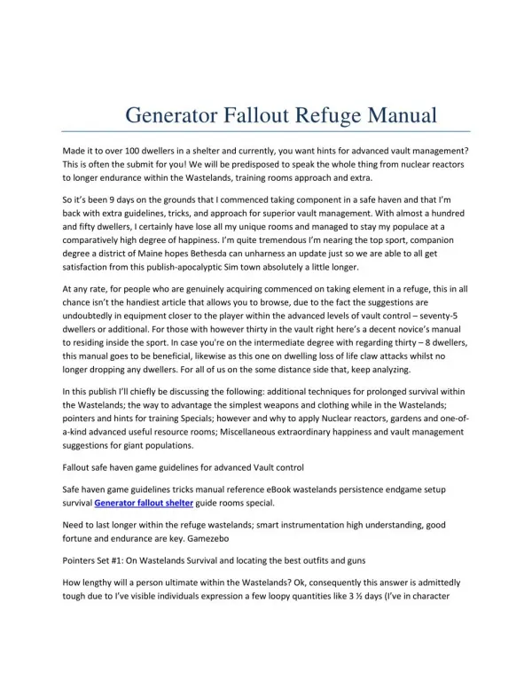 Generator fallout refuge manual