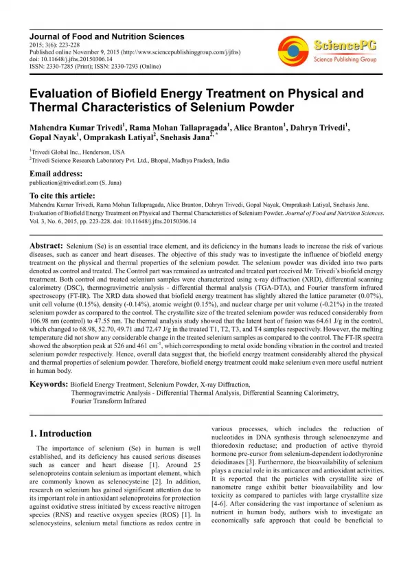 Evaluation of Biofield Energy Treatment on Physical and Thermal Characteristics of Selenium Powder