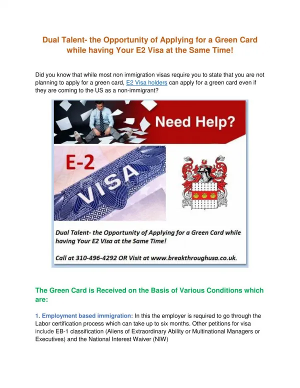 Dual Talent- the Opportunity of Applying for a Green Card while having Your E2 Visa at the Same Time!