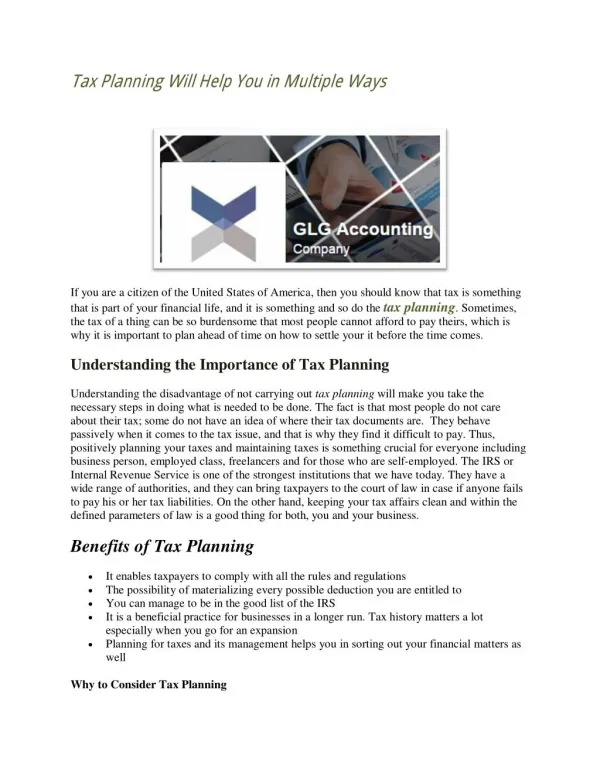 Tax Planning Will Help You in Multiple Ways