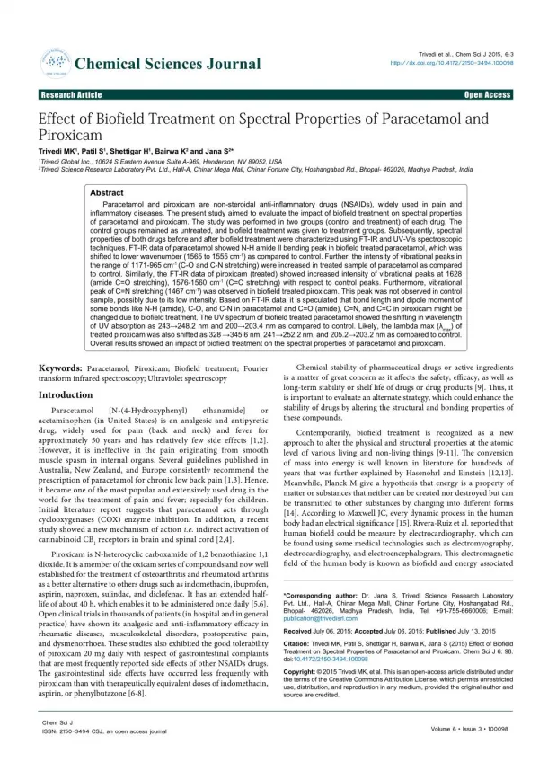 Biofield Energy Treatment Effect on Paracetamol & Piroxicam
