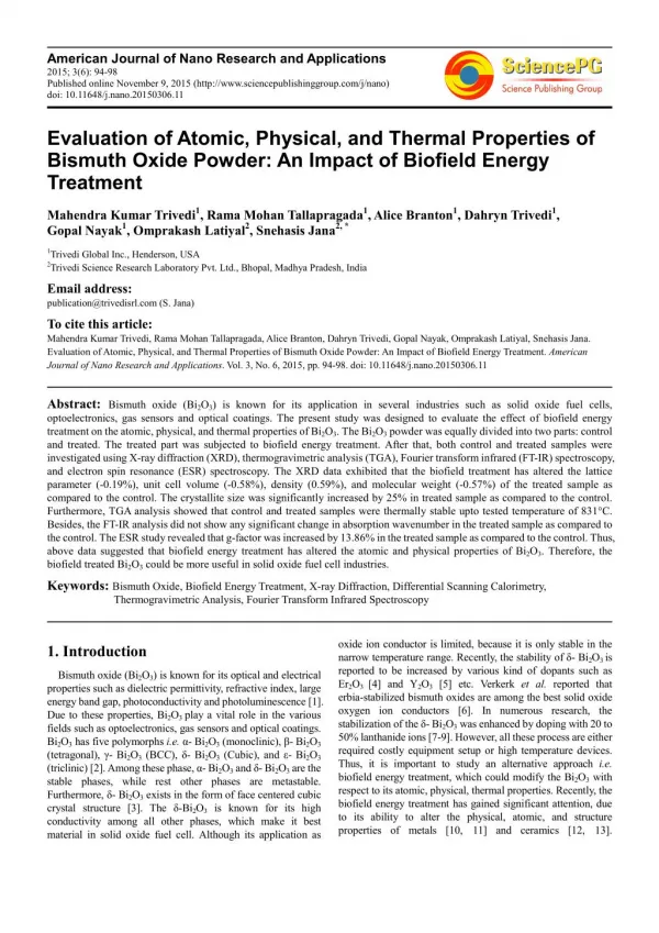 Evaluate Properties of Biofield Treated Bismuth Oxide Powder