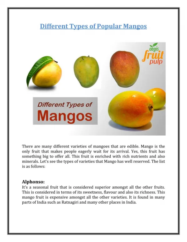 Different Types of Popular Mangos