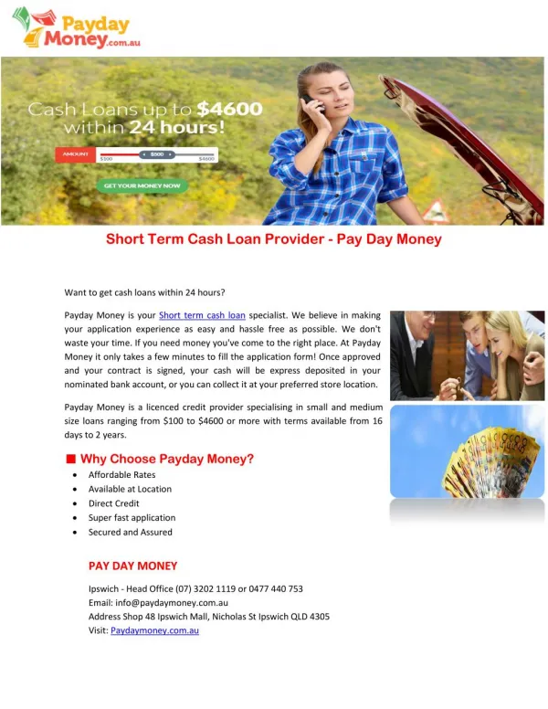 Short Term Cash Loan Provider - Pay Day Money