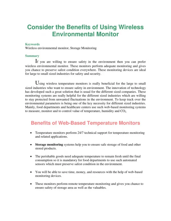 Consider the Benefits of Using Wireless Environmental Monitor
