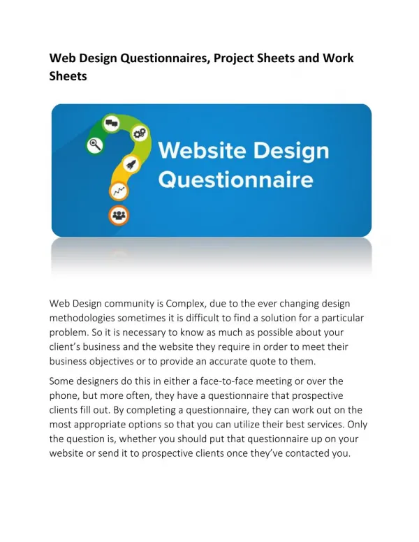 Web Design Questionnaires, Project Sheets and Work Sheets