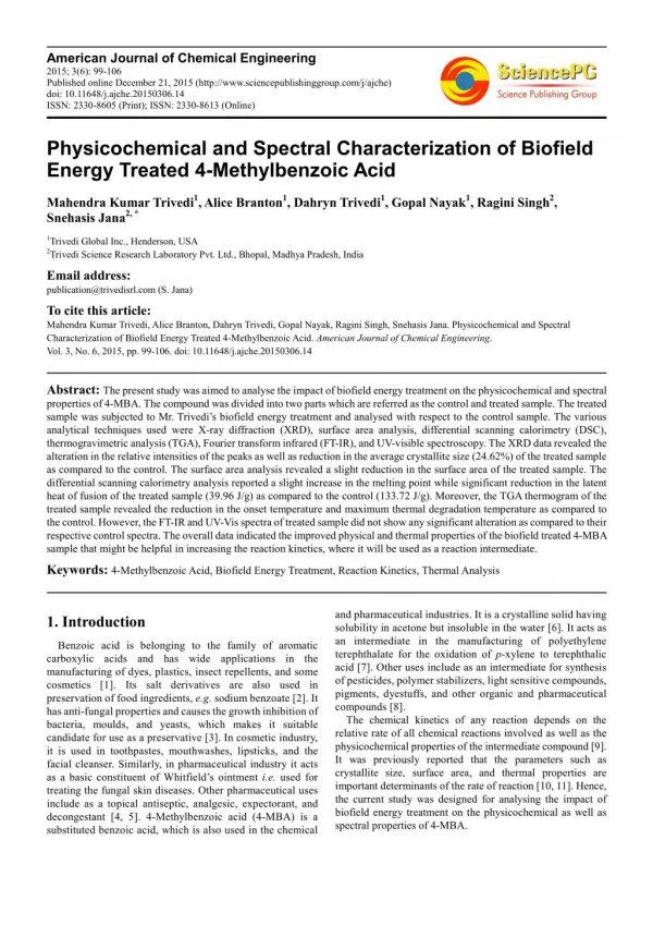 Biofield Treatment Impact on Properties of 4-Methylbenzoic Acid