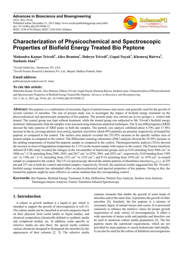 Characterization of Biofield Energy Treated Bio Peptone