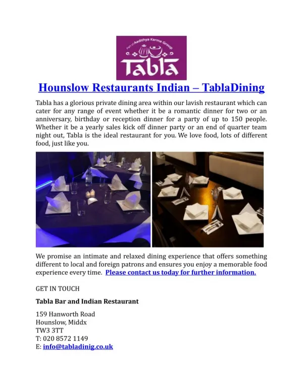 Hounslow Restaurants Indian TablaDining