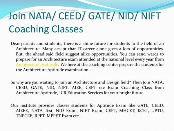 Join NATA/ CEED/ GATE/ NID/ NIFT/ Coaching Classes