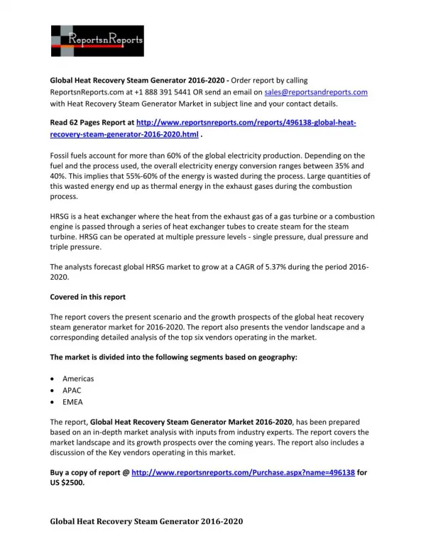 World Heat Recovery Steam Generator Market Research Report 2015 – 2020
