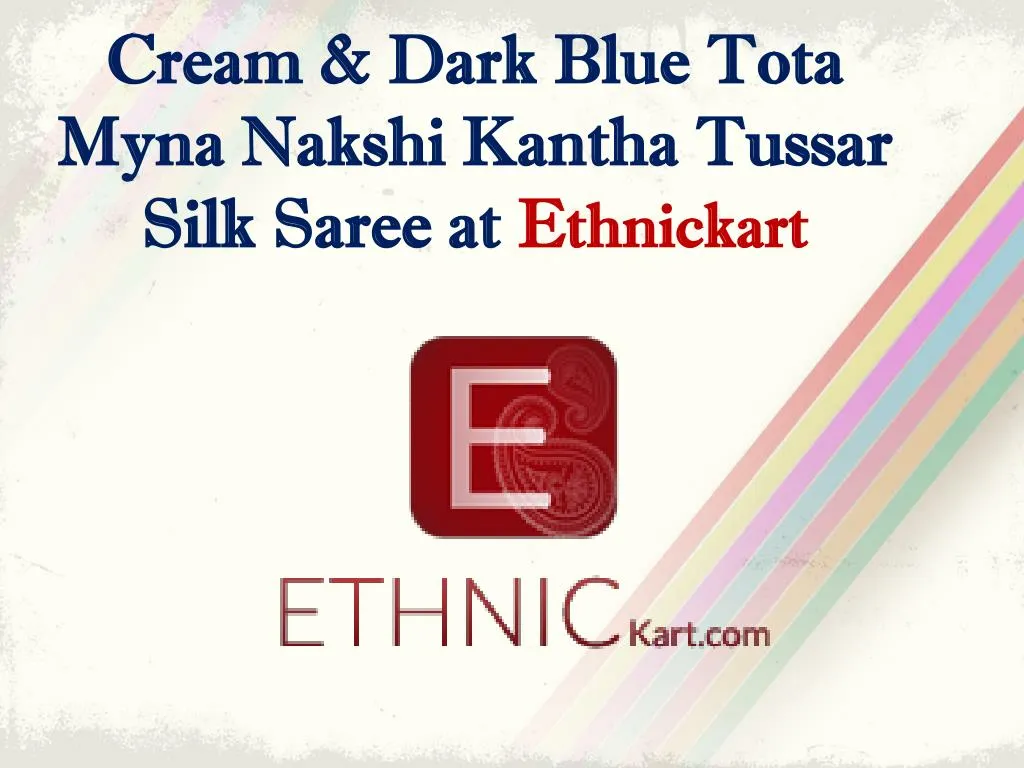 cream dark blue tota myna nakshi kantha tussar silk saree at e thnickart