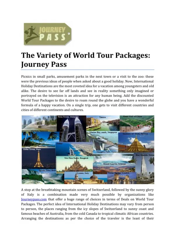 Variety of World Tour Packages: Journey Pass
