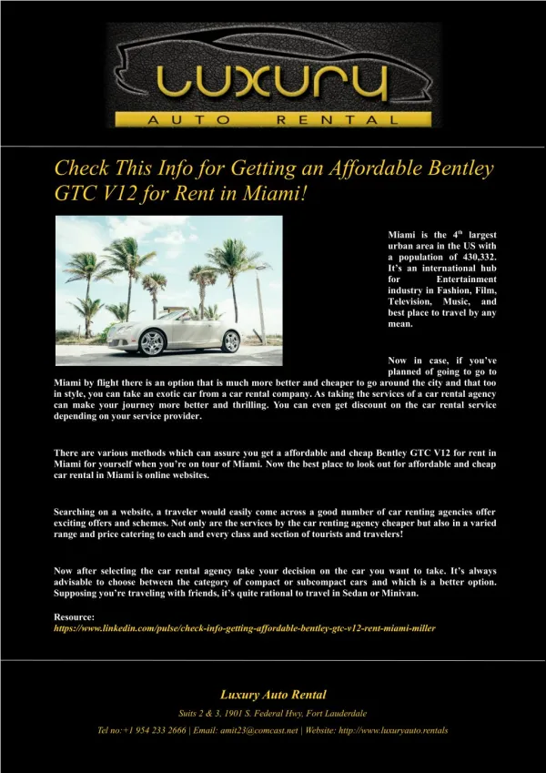Check This Info for Getting an Affordable Bentley GTC V12 for Rent in Miami!