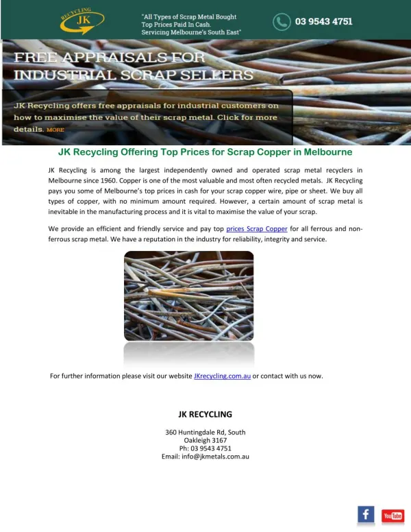 JK Recycling Offering Top Prices for Scrap Copper in Melbourne