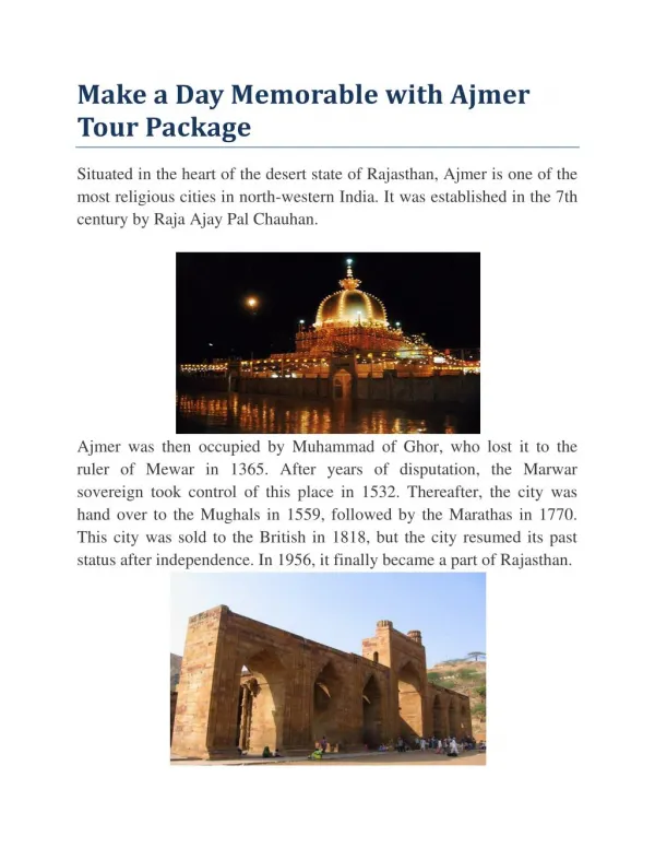 Make a Day Memorable with Ajmer Tour Package