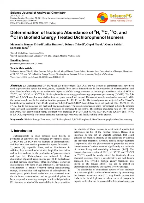 Determination of Isotopic Abundance in Dichlorophenol Isomers