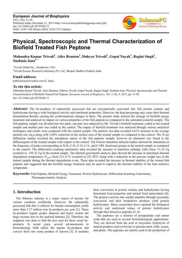 Physical, Spectroscopic and Thermal Characterization of Biofield Treated Fish Peptone