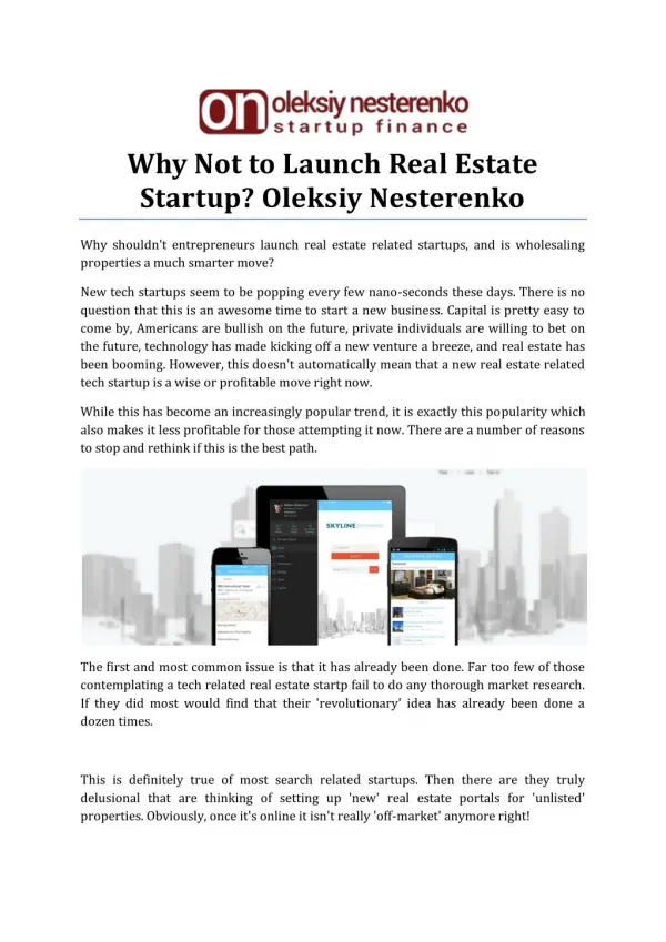 Why Not to Launch Real Estate Startup by Oleksiy Nesterenko