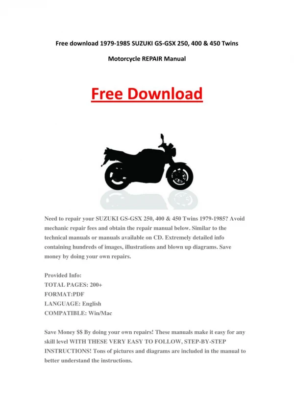Free Download 1979-1985 SUZUKI GS-GSX 250, 400 & 450 Twins Motorcycle REPAIR Manual