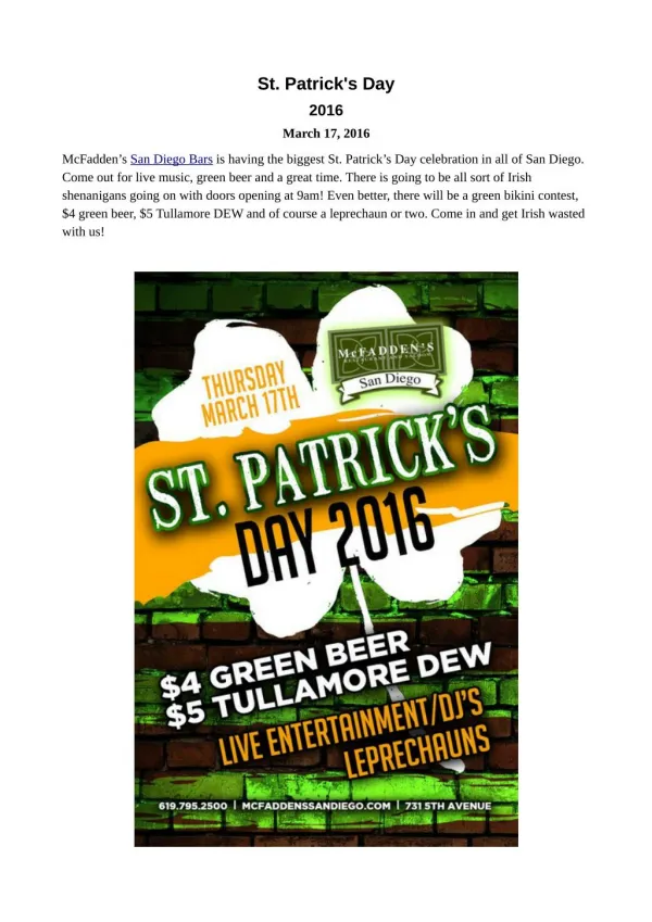 St. Patrick's Day Events in San Diego Bar Downtown