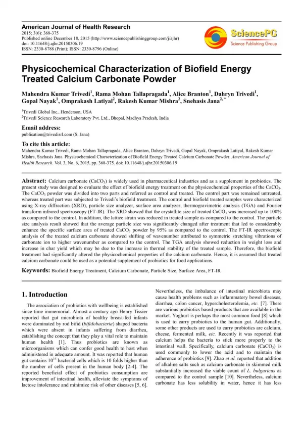 Physicochemical Characterization of Biofield Energy Treated Calcium Carbonate Powder