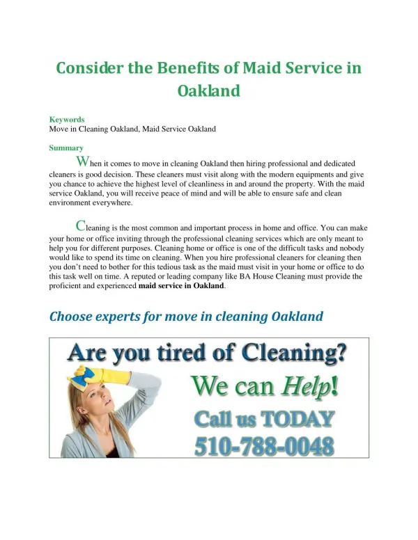 Consider the Benefits of Maid Service in Oakland