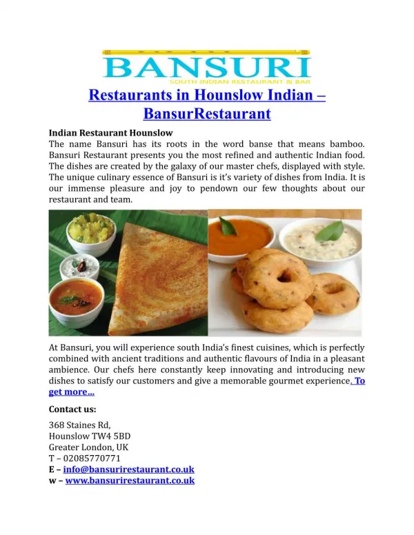 Restaurants in Hounslow Indian Bansuri Restaurant