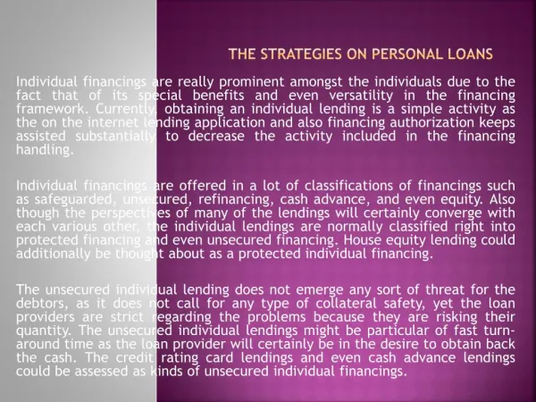 The Strategies on Personal Loans