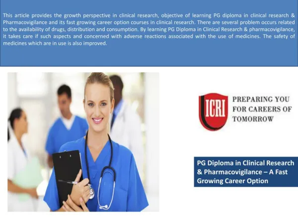 PG Diploma in Clinical Research, Jobs in Pharmacovigilance