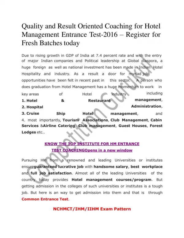 Hotel Management Entrance Exam Coaching 2016 in Uttam Nagar & Janakpuri, Delhi