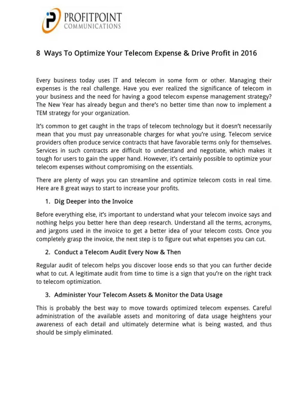8 Ways To Optimize Your Telecom Expense & Drive Profit in 2016