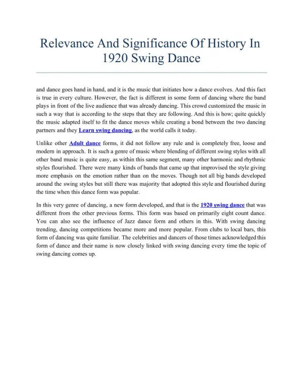 Relevance And Significance Of History In 1920 Swing Dance