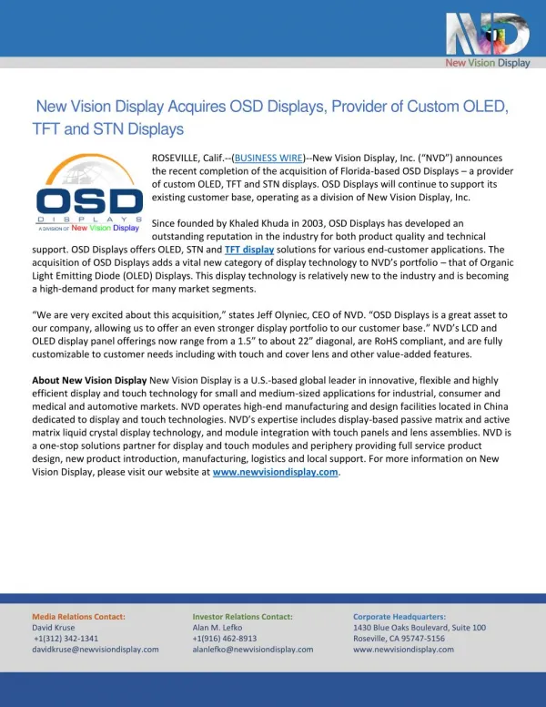 New Vision Display Acquires OSD Displays, Provider of Custom OLED, TFT and STN Displays