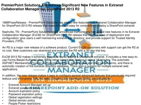PremierPoint Solutions Announces Significant New Features in Extranet Collaboration Manager for SharePoint 2013 R2