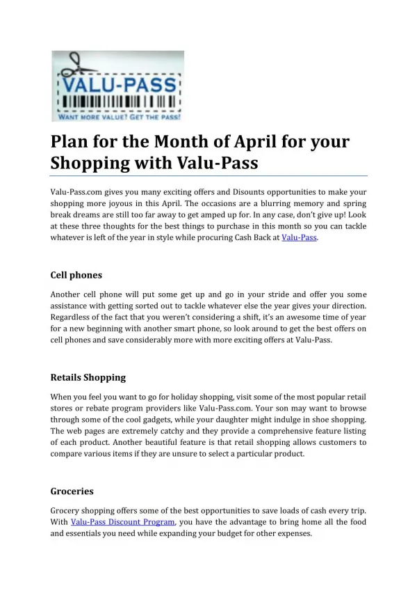 Plan for the Month of April for your Shopping with Valu-Pass