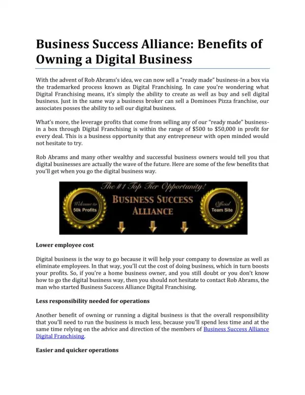 Benefits of Owning a Digital Business by Business Success Alliance