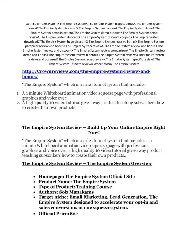 The Empire System review and MEGA $38,000 Bonus - 80% Discount