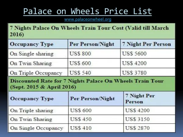 Palace on Wheels Price List