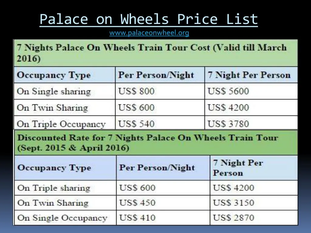 palace on wheels price list