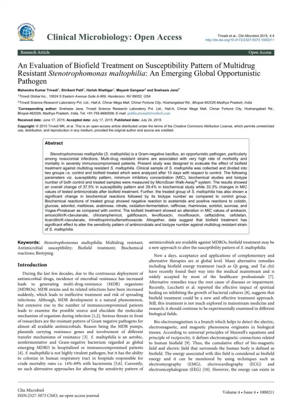 Biofield Energy Effect on MDR Stenotrophomonas maltophilia