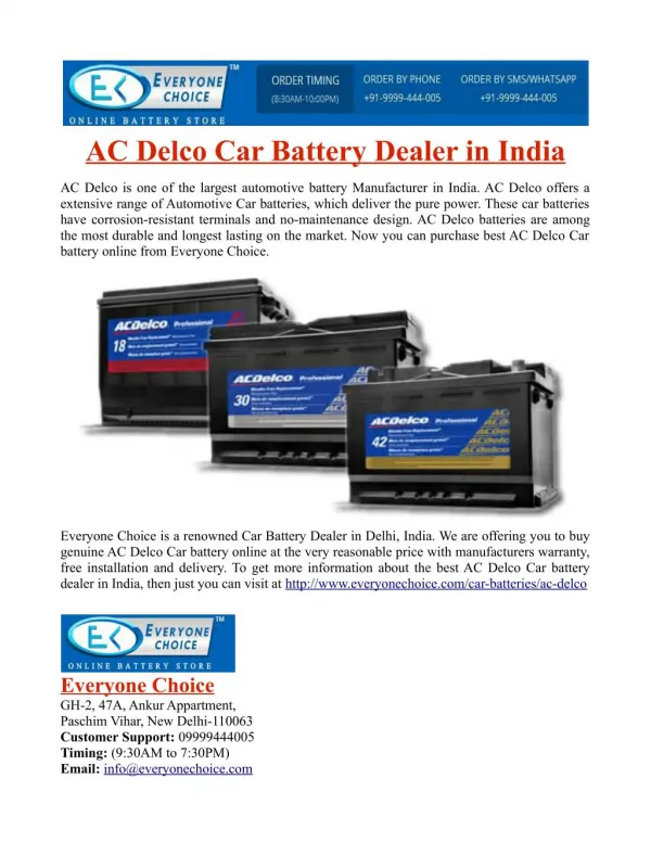 AC Delco Car Battery Dealer in India