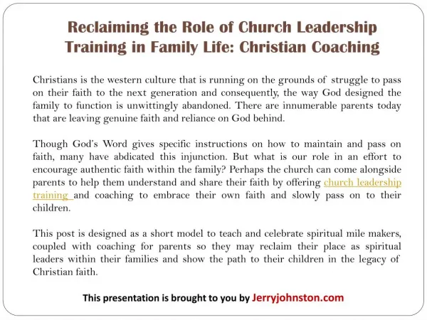 Reclaiming the Role of Church Leadership Training in Family Life: Christian Coaching