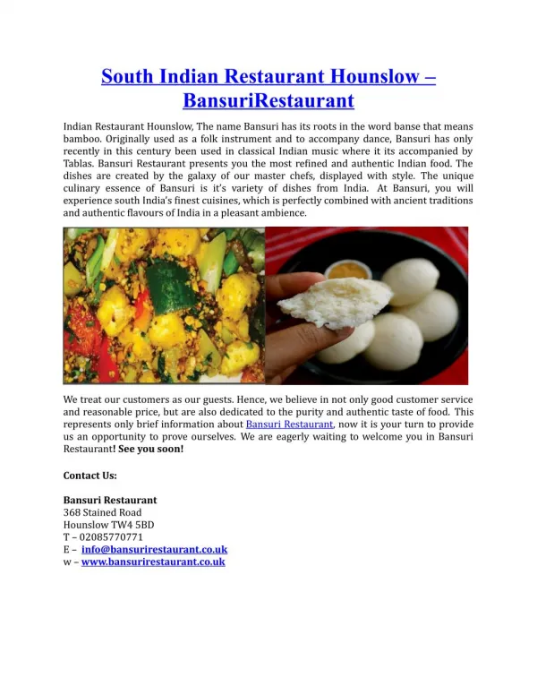 South Indian Restaurant Hounslow BansuriRestaurant