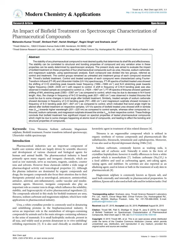 An Impact of Biofield Treatment on Pharmaceutical Compounds